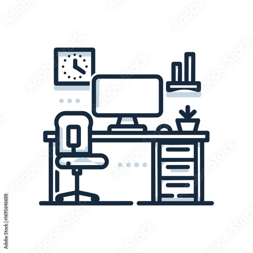 Modern workspace with clock, computer, and plants