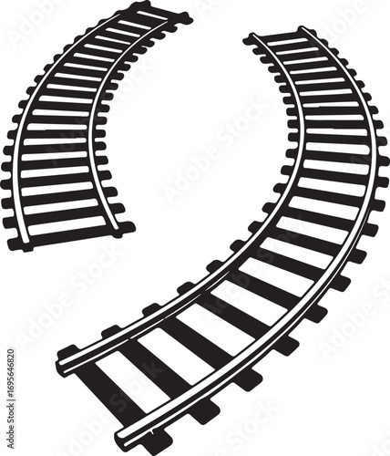 Black Silhouette of Curved Train Tracks on White Background railway railroad