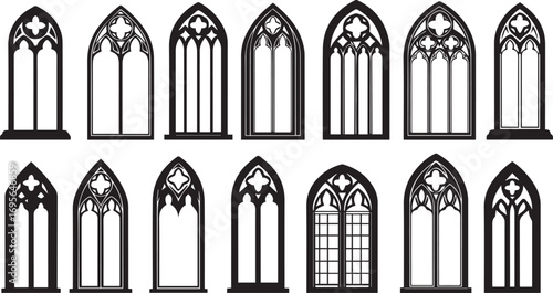Collection of gothic arched windows in black and white vector art architecture medieval