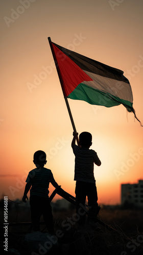 Silhouette of children holding a palestine flag against a sunset sky view