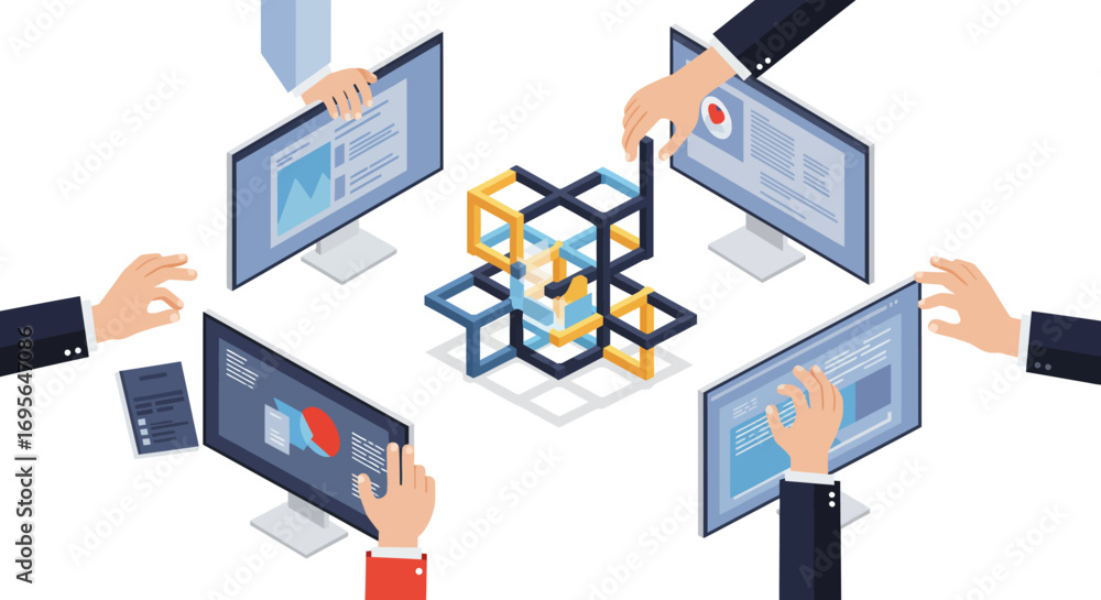 Fototapeta premium Seamless Digital Collaboration: Connecting Global Teams and Ideas Across Multiple Screens