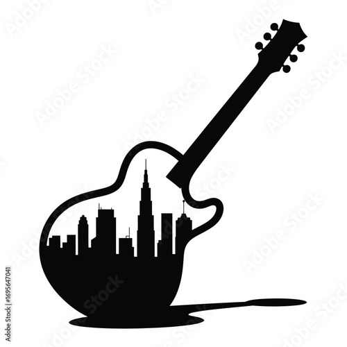 Black guitar silhouette framing city skyscrapers skyline