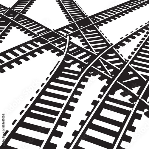 Detailed Black Silhouette of Multiple Intersecting Train Tracks railway railroad