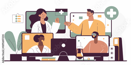 Business people and students working at a desk with a computer and meeting in a cartoon hotel room