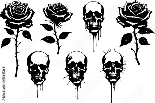 Black and White Skull and Rose Tattoo Flash Set
