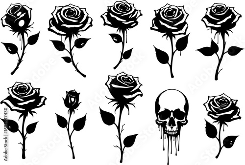 Black and White Skull and Rose Tattoo Flash Set