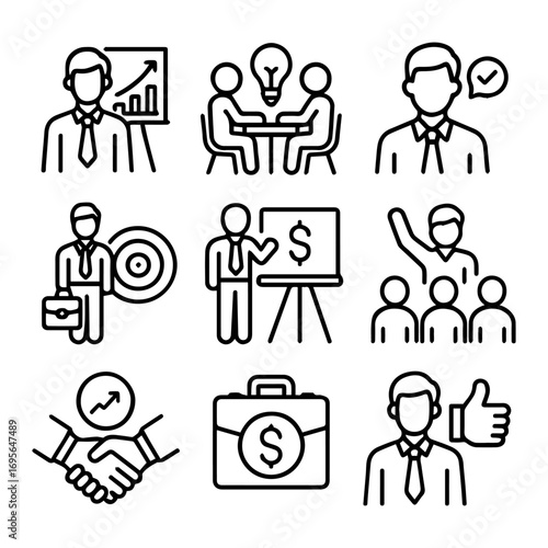 Business themed icon set featuring growth charts teamwork and financial success.
