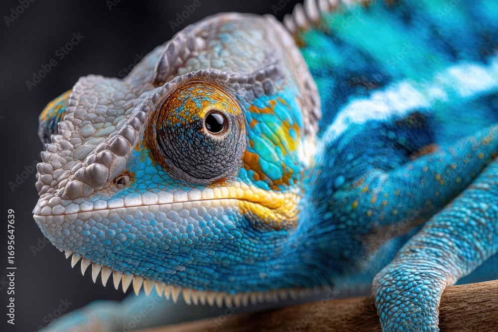 Fototapeta premium Vibrant Blue Chameleon Close Up on Branch