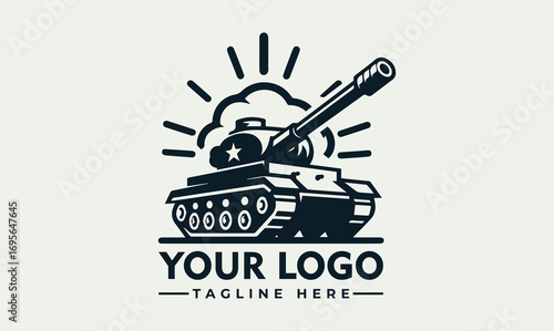 A stylized logo featuring a military tank inside a circular emblem with banner.