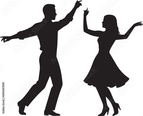 Silhouette of a Couple Dancing Together in a Lively Pose on a White Background woman