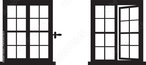 Silhouette of a closed door and an open window with grid panes vector illustration
