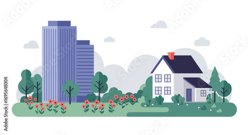 Sustainable Business Future: Stylized Office Building Blending Seamlessly into a Serene Landscape, Representing Eco-Friendly Corporate Development