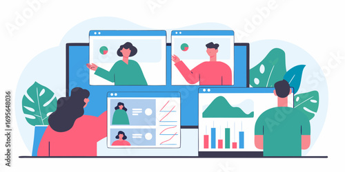 Illustration depicting a remote team collaborating via video conference and data analysis on multiple screens. Flat design style.