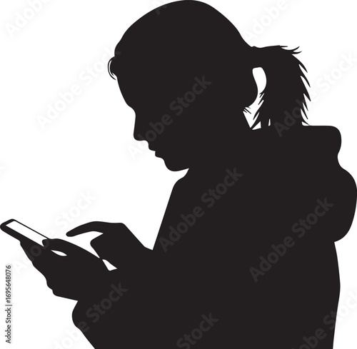 Silhouette of a young person with ponytail using a smartphone child girl