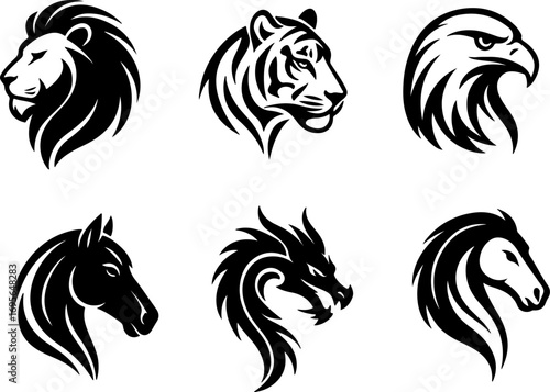 Six striking black and white silhouettes of a lion, tiger, eagle, horse, dragon, and horse.