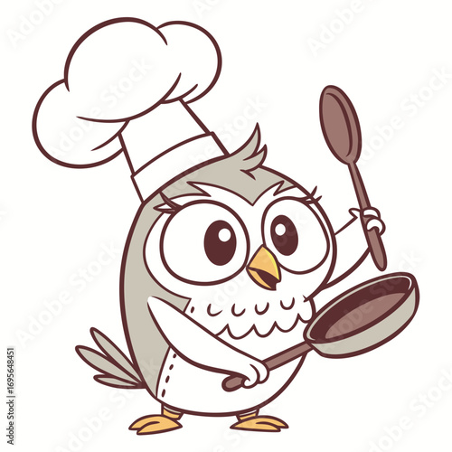 Cute cartoon chef owl holding a frying pan and spoon for culinary fun