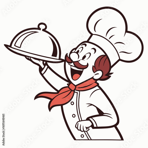 Playful cartoon chef with big smile holding a silver serving cloche vector illustration