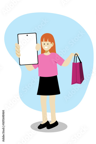 Young woman showing a mobile screen and holding a shopping bag. online shopping concept illustration
