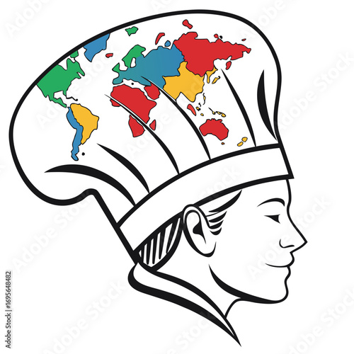 Creative chef hat illustration featuring a colorful world map design scalable vector graphic