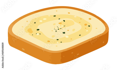 Illustration of a slice of garlic bread with herbs and butter.