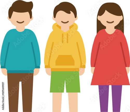 Flat Design Style Standing Three Character Figure of Young People Illustration