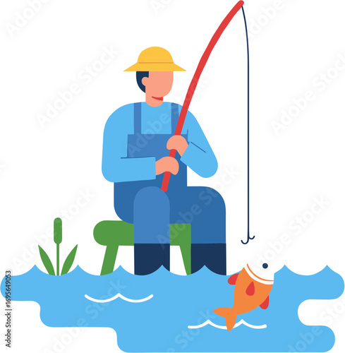 Flat Illustration of Fisherman Sitting Fishing with Rod and a Fish