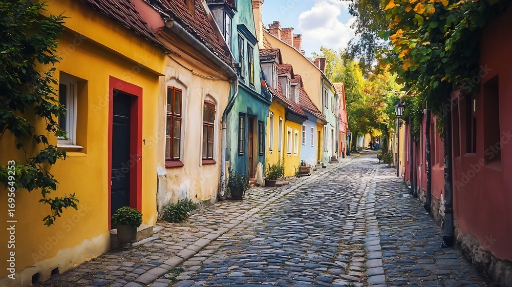 Fototapeta premium Charming Cobblestone Street: Colorful Houses, Autumnal Hues