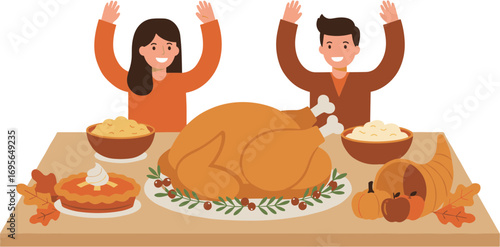 Flat Style Thanksgiving Feast Illustration With Happy People Celebrating Together