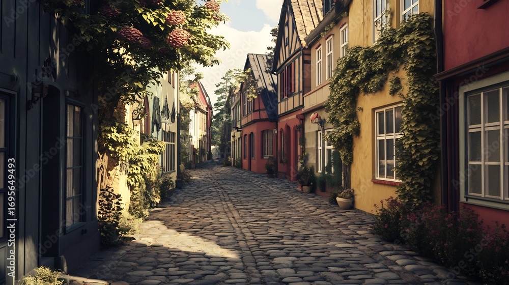 Fototapeta premium Cobblestone Street: Charming European Village Scene in Warm Sunlight