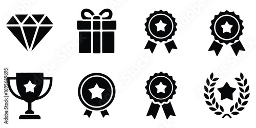 A collection of solid black glyph icons for success, awards, and achievement. This vector set includes a trophy, diamond, gift, and medals for business and quality concepts