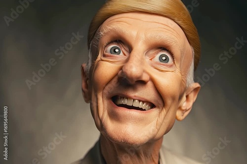 Close-up of elderly man admiring an unnatural looking blonde toupee