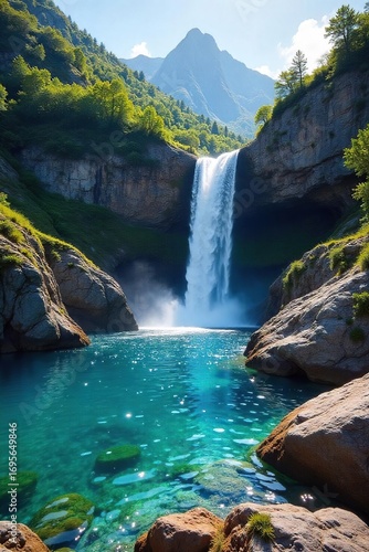 Crystal clear water cascading down a rocky mountain peak, sunlight illuminating its pristine surface A breathtaking view of nature's purest water source , rocky, water