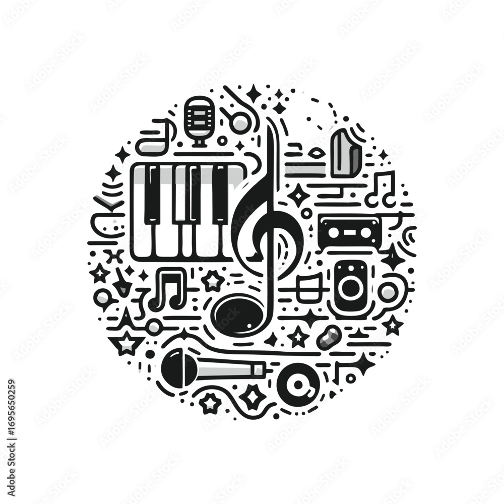 Naklejka premium Musical Elements Illustrated in a Circular Design