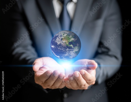 Businessman Holding Digital Earth Hologram in Hands