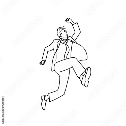 スーツを着たビジネスマンがジャンプして喜びを表現する線画ベクターイラスト｜成功や達成を象徴するシンプルな白黒の人物素材
