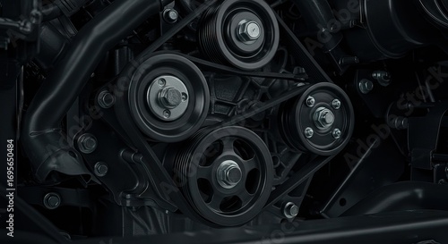 Dark car engine with belts connecting four pulleys of varying sizes bolts visible