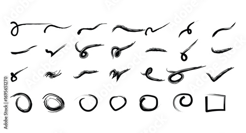 Hand-drawn ink brush strokes and doodles for creative design elements and accents