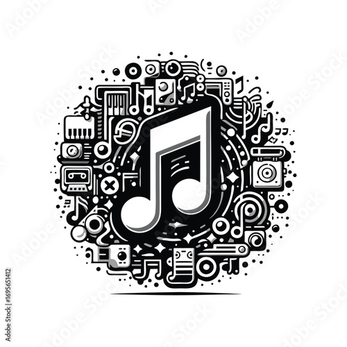 Musical notes surrounded by various music icons and symbols