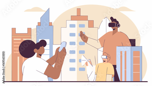 A team of architects collaborates using virtual reality to design a modern cityscape.  The image features a flat design style with tan and beige buildings.