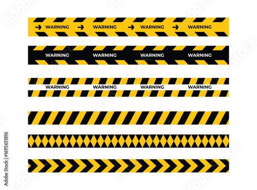 Set of six distinct hazard warning tape designs with yellow black and white patterns