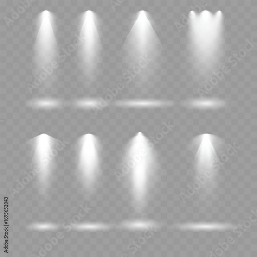 Set of realistic spotlight light effects on transparent background. Vector