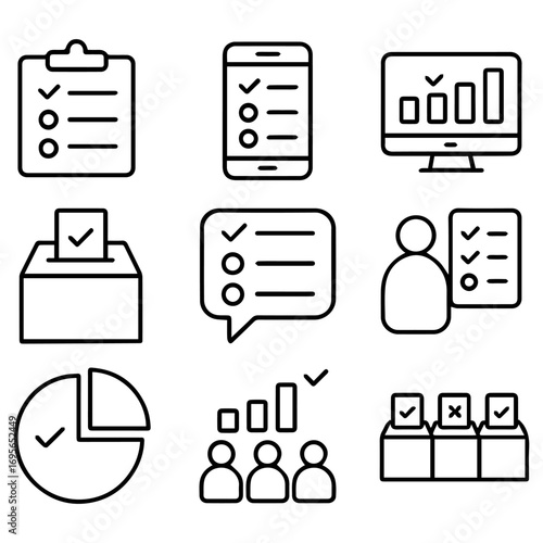 Collection of Nine Linear Checklists Charts and Voting Icons.