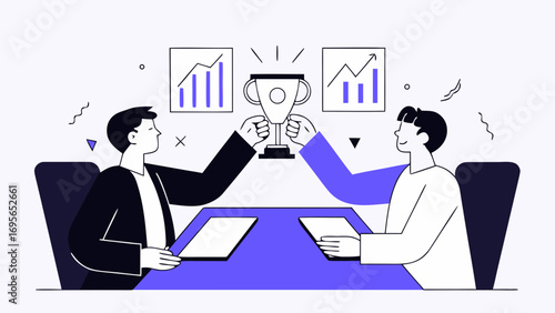 Two happy businessmen celebrate a victory, shaking hands over a trophy in a modern office setting. Charts show growth. Minimalist style.