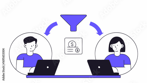 Illustration of two individuals using laptops to collaborate on a project, with a filter funnel symbolizing data processing and workflow.