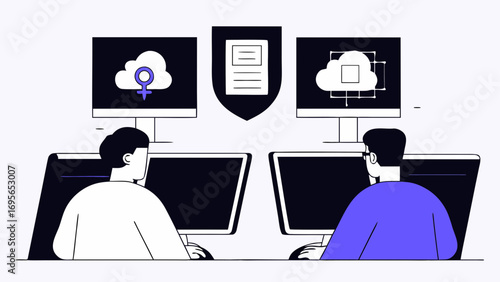 Two individuals collaborate at computers, symbolized by data security icons, representing teamwork and digital information protection.