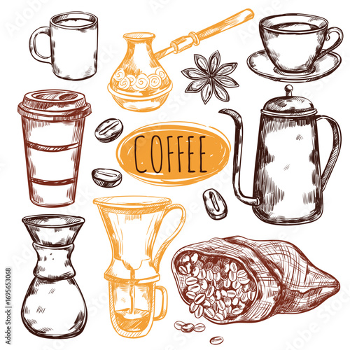 A charming sketch of various coffee-related items including mugs pots cups coffee beans and star anise. This artistic depiction evokes the rich aroma and warmth of a coffee break.