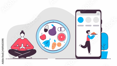 A woman meditates while a healthy meal and a food delivery app are shown nearby.  The illustration promotes wellness and mindful eating.