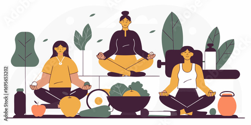 Three women meditate peacefully amidst a vibrant arrangement of fresh fruits, vegetables, and lush plants. The scene evokes a sense of calm and well-being.