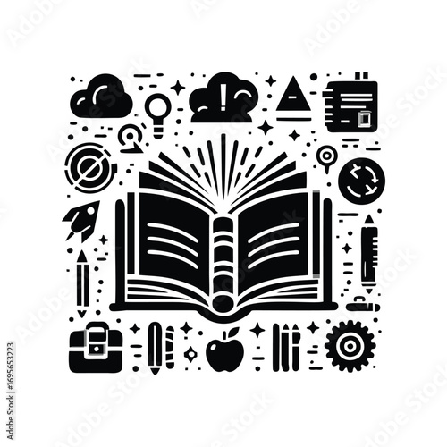 Open book surrounded by educational icons and symbols