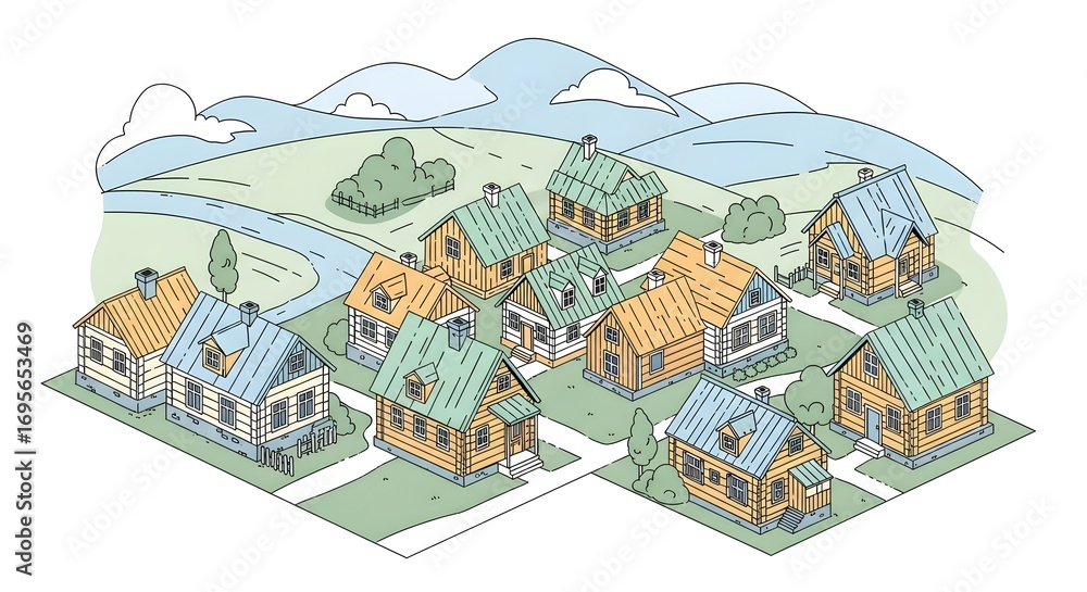 Obraz premium Illustration of a charming village nestled in a picturesque landscape, featuring traditional wooden houses with colorful roofs, surrounded by rolling hills and a meandering river.